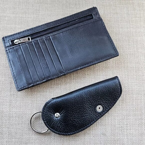 Long Wallet and Keychain Black Genuine Leather Card Holder Keys Holder Fob - Picture 4 of 11